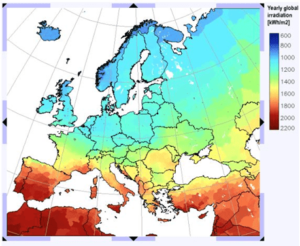 Mapa de irradiação solar – Fonte PVGIS (JRC-PVGIS, 2012)