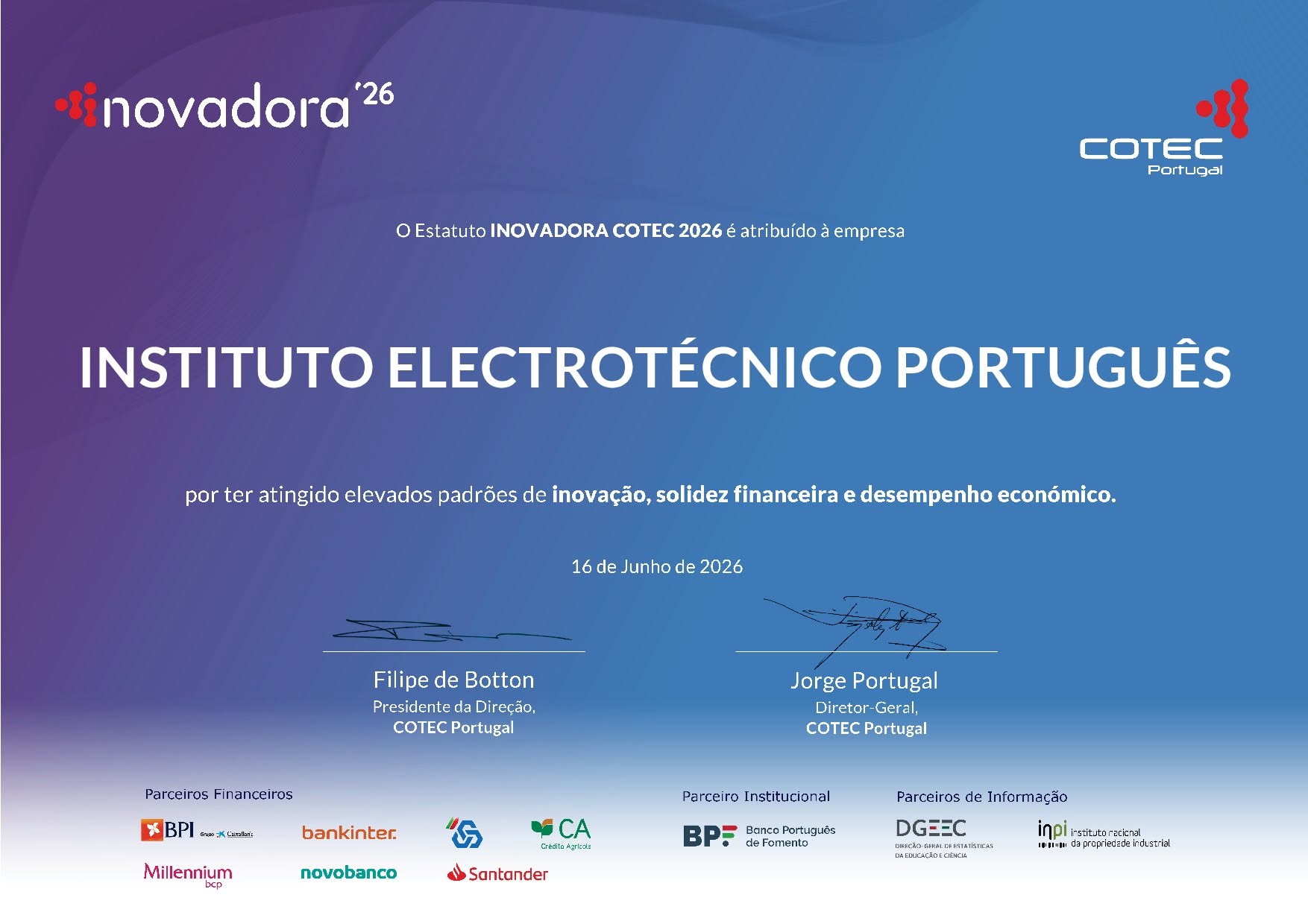 IEP distinguido com o Estatuto INOVADORA COTEC 2026